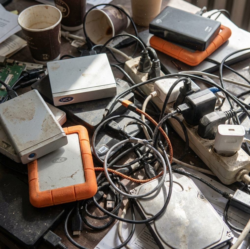 Bureau encombré de disques durs externes et de câbles