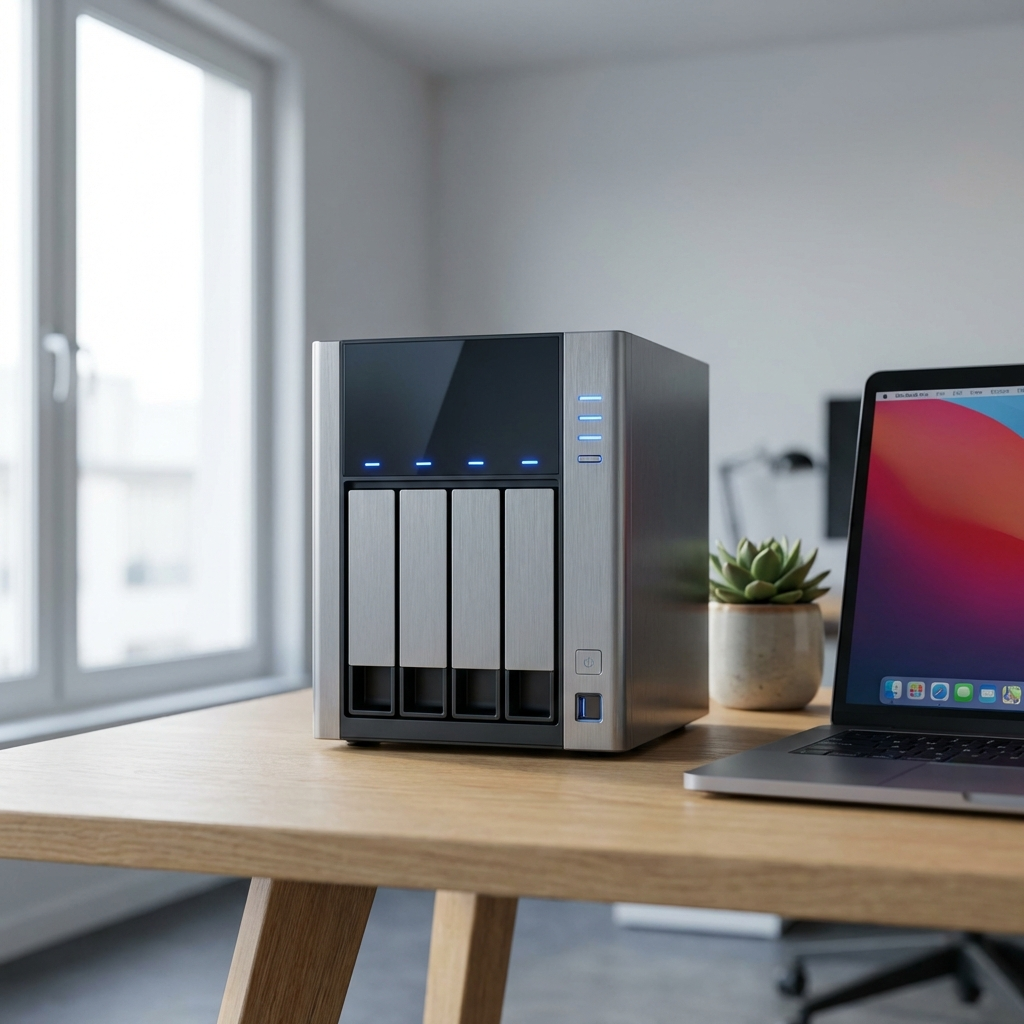 Serveur NAS moderne 4 baies sur un bureau propre