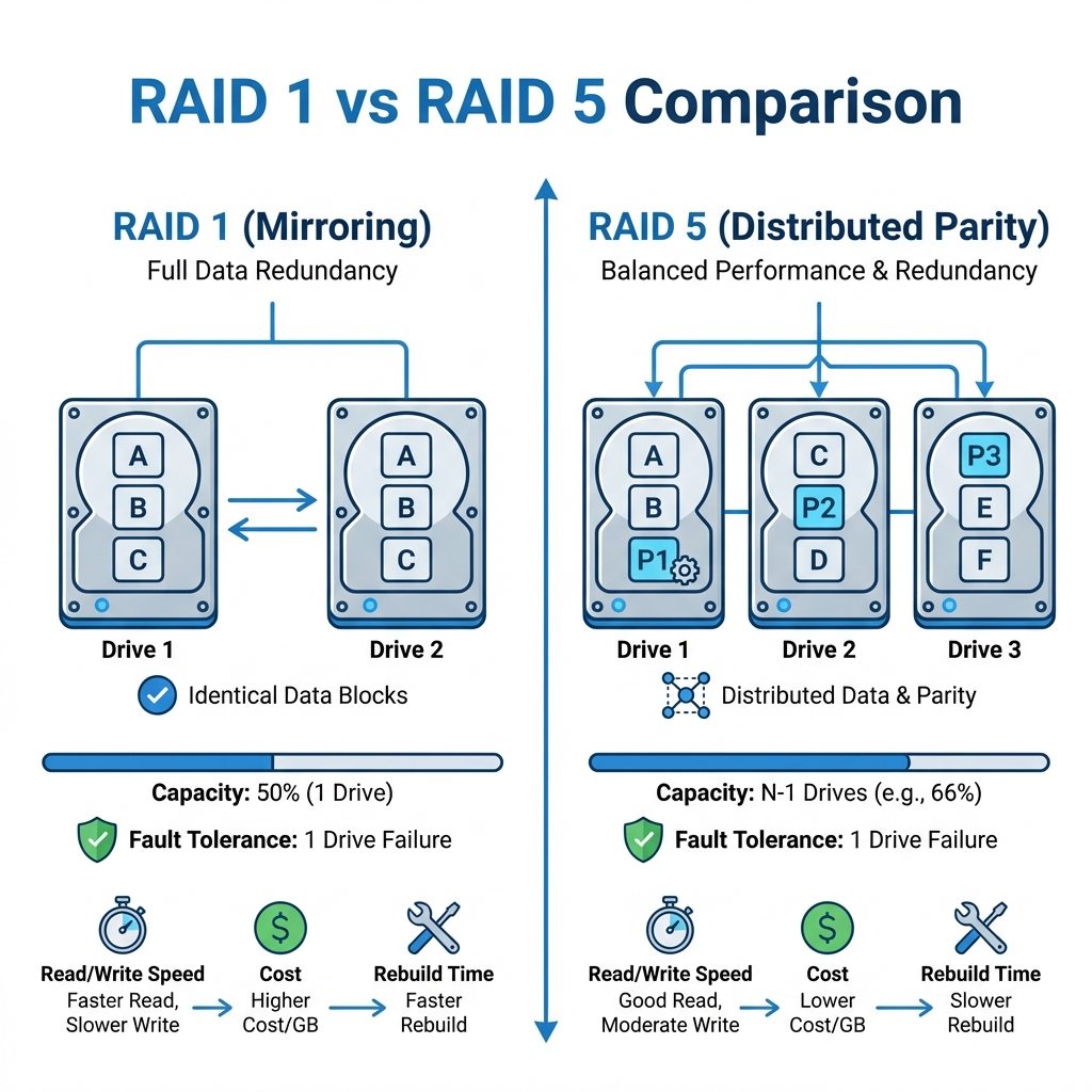 Schéma explicatif RAID 1 vs RAID 5